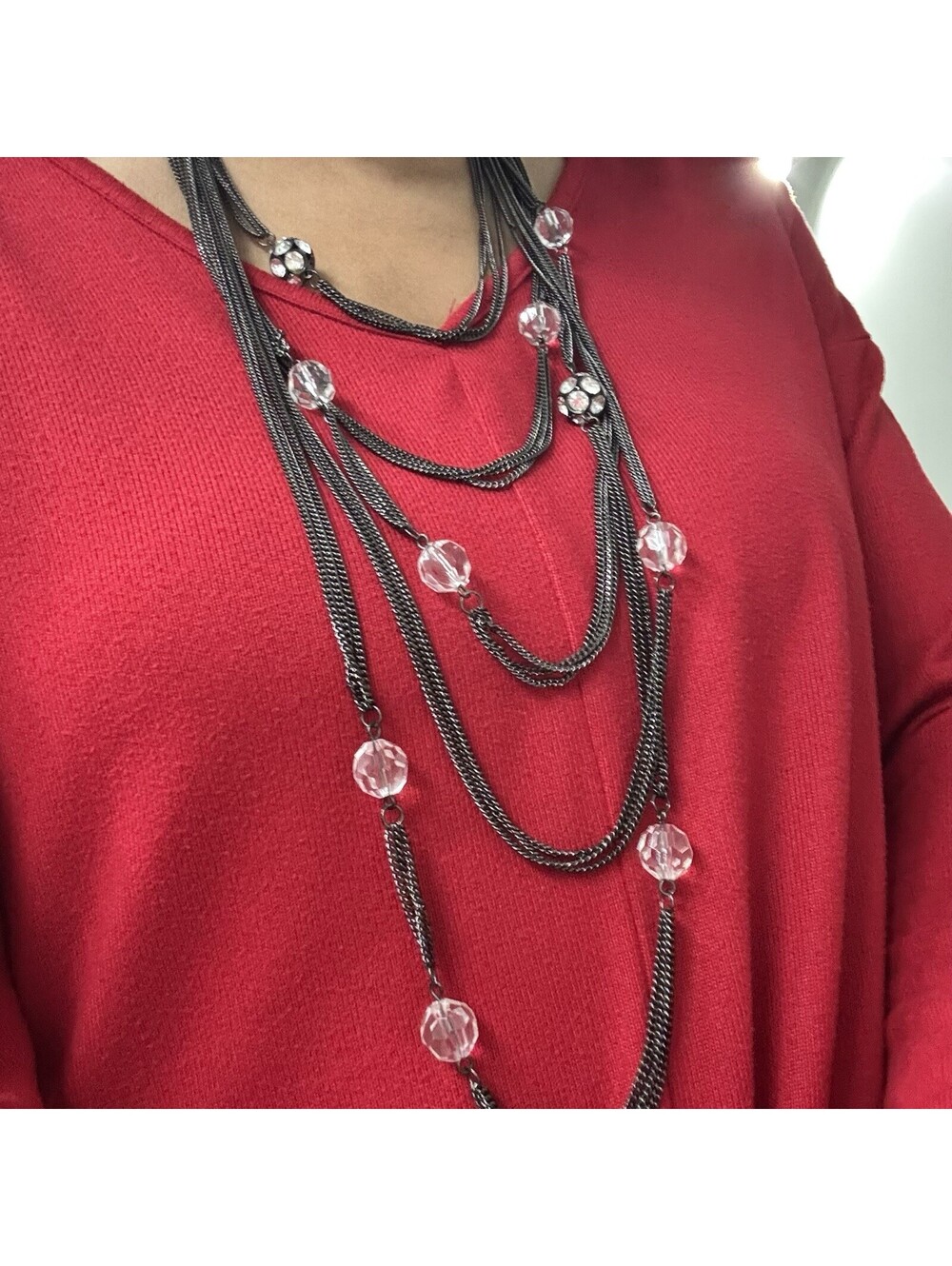 Multi Strand Long Gunmetal Chain Necklace, Crystal Beads & Rhinestone Accents